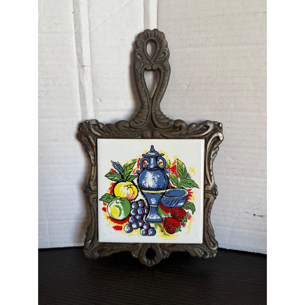 Vintage Seven Star Cast Iron Trivet Ceramic Tile Fruit Still Life Blue Vase